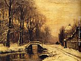 Louis Apol Canvas Paintings - A Snowcovered Forest With A Bridge Across A Stream
